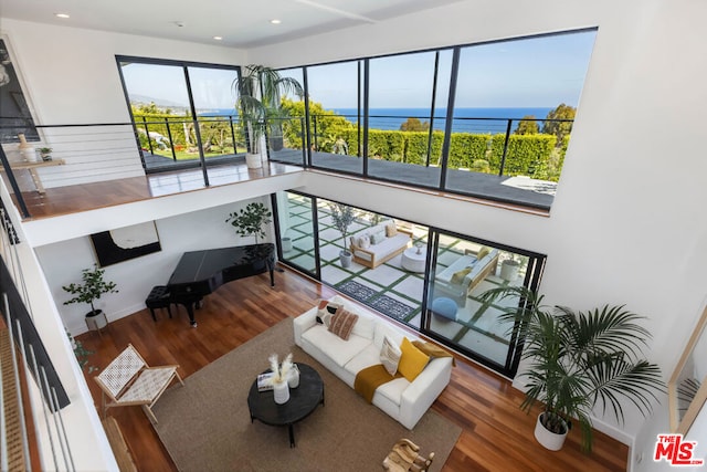 living room featuring a water view and dark wood-type flooring