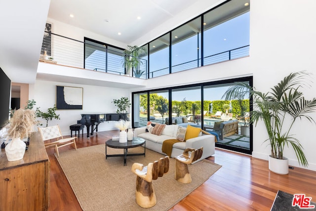 living room with hardwood / wood-style floors and a high ceiling