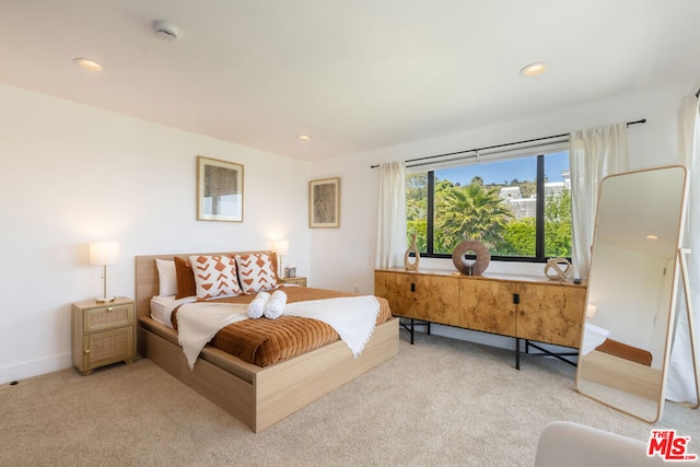 bedroom with light carpet