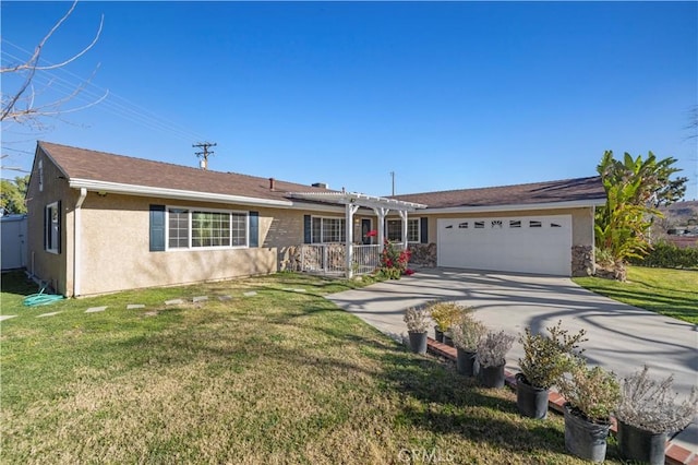 single story home with a garage and a front lawn