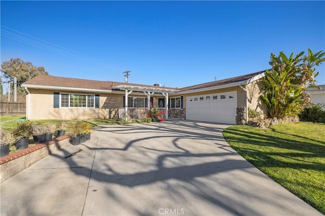 ranch-style house with a garage, a front lawn, and a pergola