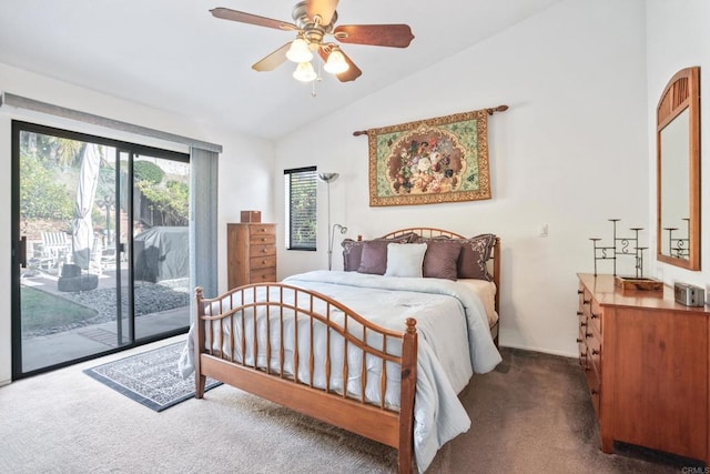 bedroom with ceiling fan, dark carpet, access to exterior, and vaulted ceiling