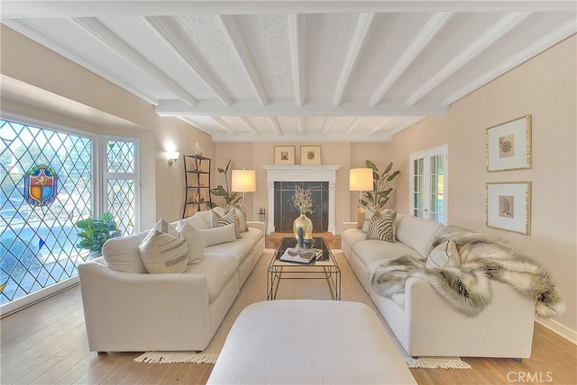 living room featuring beam ceiling and light hardwood / wood-style flooring