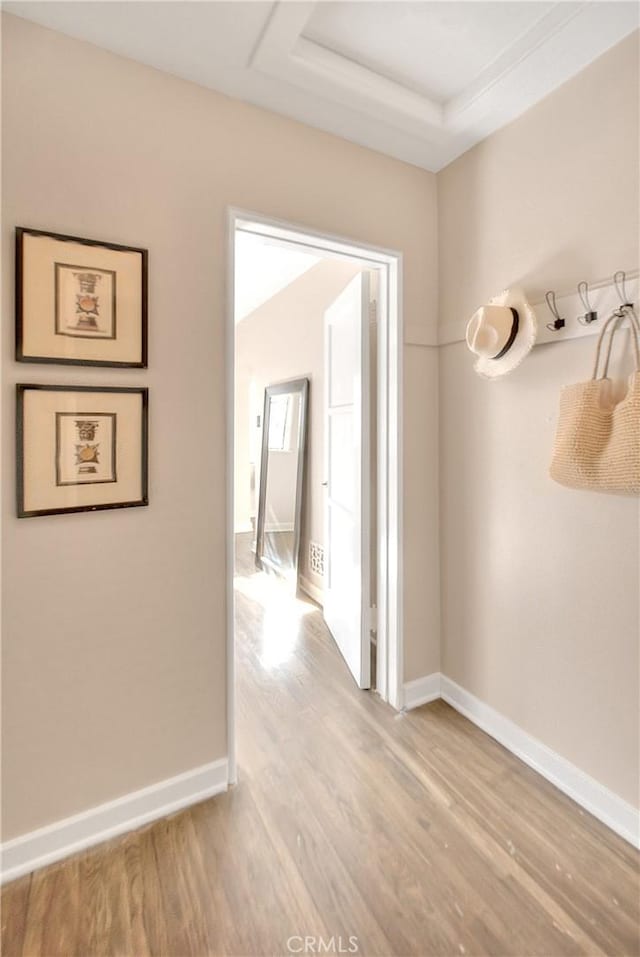 hall with a tray ceiling and light wood-type flooring