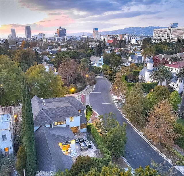 view of aerial view at dusk