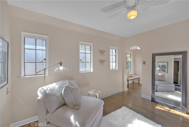 sitting room with ceiling fan, dark wood-type flooring, and a wealth of natural light