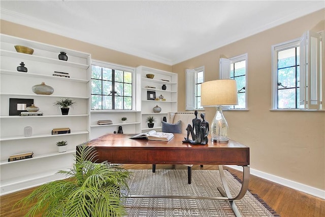 office area with hardwood / wood-style flooring, ornamental molding, and a wealth of natural light