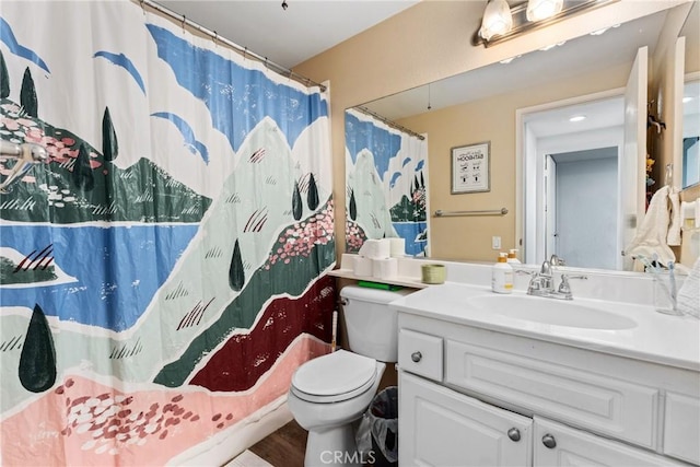 bathroom featuring hardwood / wood-style floors, vanity, curtained shower, and toilet