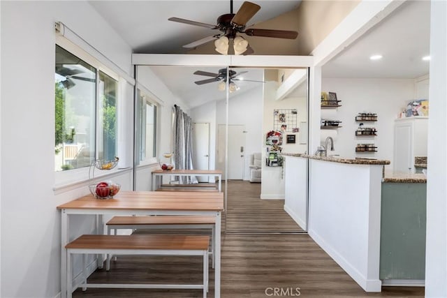 dining area featuring ceiling fan, dark hardwood / wood-style flooring, and lofted ceiling