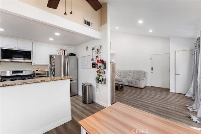 kitchen with dark wood-type flooring, white cabinets, ceiling fan, appliances with stainless steel finishes, and light stone counters