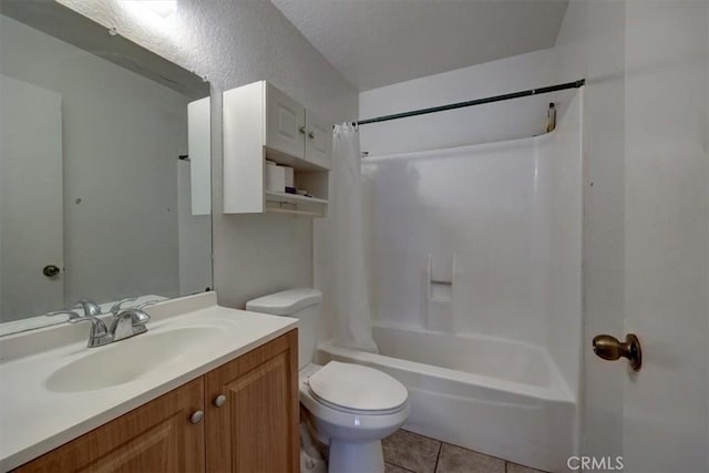 full bathroom with toilet, tile patterned floors, shower / bath combo with shower curtain, and vanity