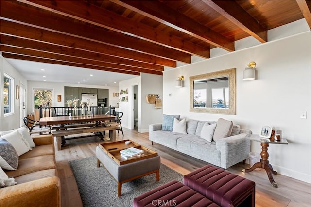 living room with wood-type flooring, wood ceiling, and beam ceiling