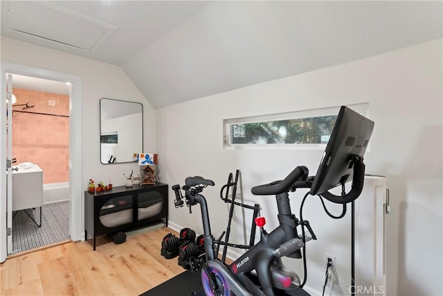 workout area with wood-type flooring and lofted ceiling