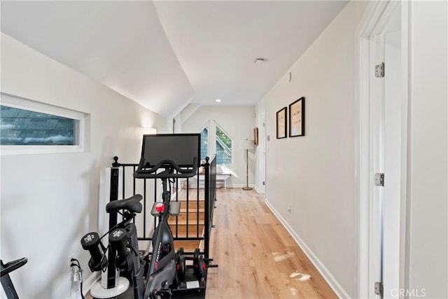 workout room with light wood-type flooring