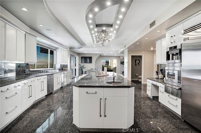 kitchen with white cabinets, a large island, appliances with stainless steel finishes, and a tray ceiling