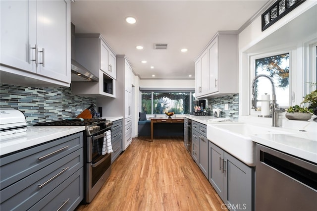 kitchen featuring decorative backsplash, light hardwood / wood-style floors, stainless steel appliances, sink, and gray cabinets