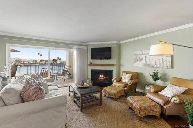 living room with ornamental molding