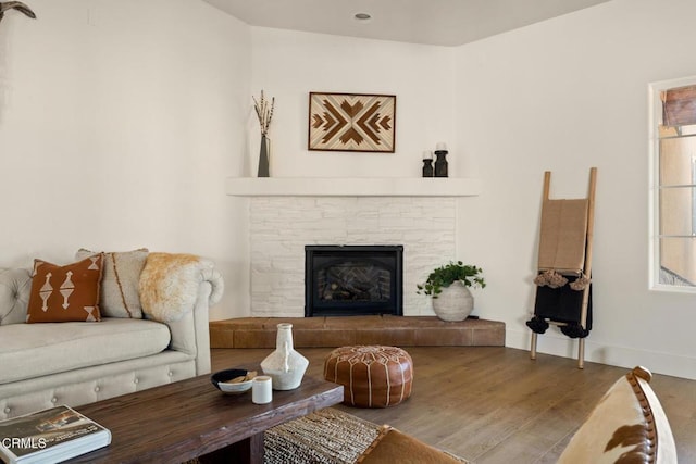 living room featuring wood-type flooring and a stone fireplace