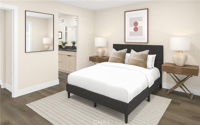 bedroom featuring ensuite bath and dark wood-type flooring