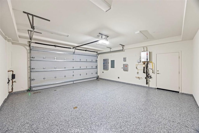 garage with electric panel, water heater, and a garage door opener