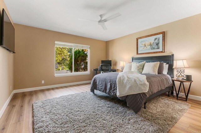 bedroom with hardwood / wood-style flooring and ceiling fan