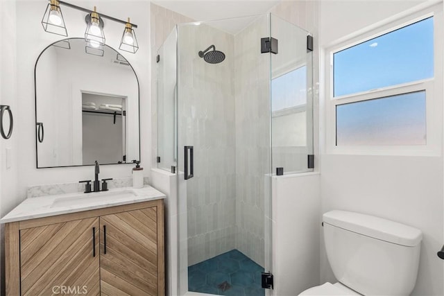 bathroom with toilet, vanity, and a shower with shower door