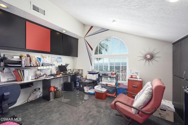 office with dark carpet, lofted ceiling, and a textured ceiling