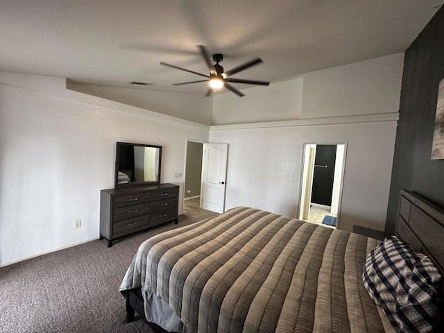 bedroom featuring ceiling fan, carpet floors, and vaulted ceiling