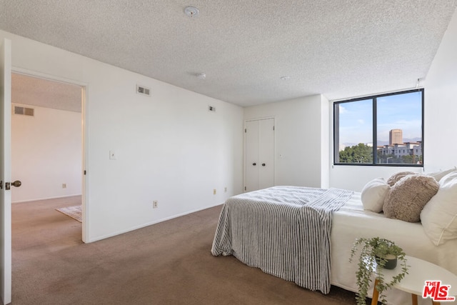 bedroom with carpet floors, a textured ceiling, and a closet