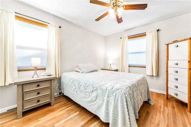 bedroom featuring ceiling fan and light wood-type flooring