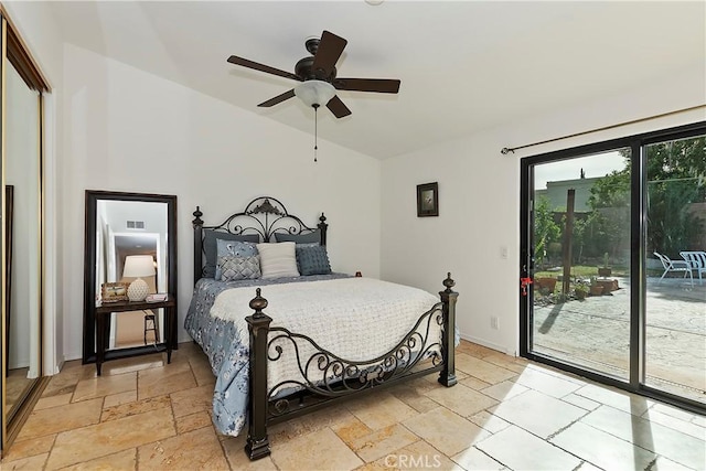 bedroom with a closet, access to outside, and ceiling fan