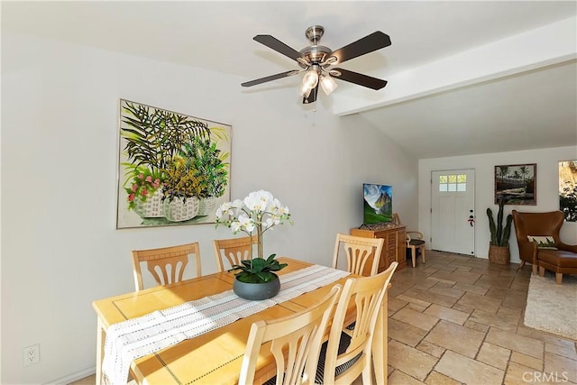 dining area with vaulted ceiling with beams and ceiling fan