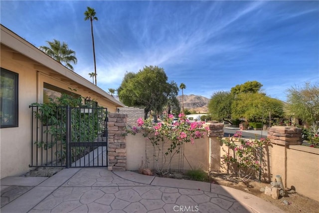 view of patio with a mountain view