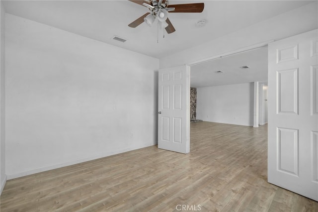 empty room featuring ceiling fan and light hardwood / wood-style flooring