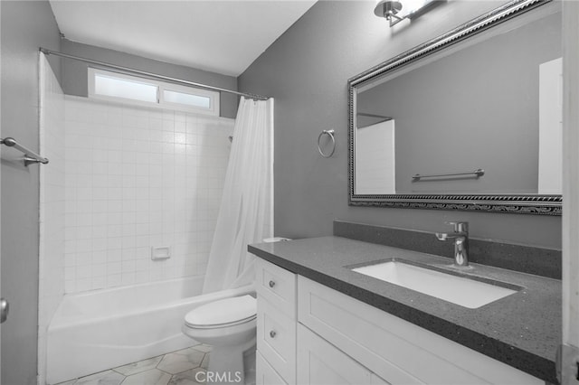 full bathroom featuring tile patterned flooring, shower / tub combo with curtain, vanity, and toilet