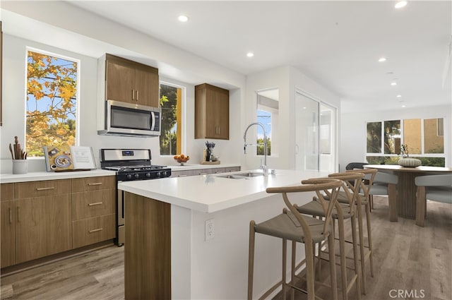 kitchen with appliances with stainless steel finishes, a wealth of natural light, sink, hardwood / wood-style floors, and an island with sink