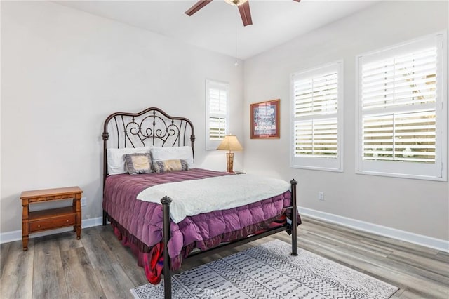 bedroom featuring multiple windows, baseboards, and wood finished floors