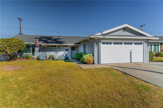 ranch-style house with a front lawn and a garage