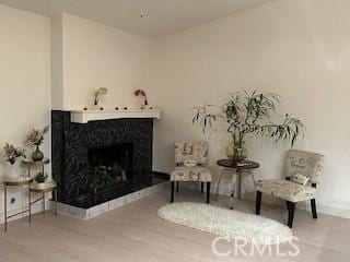 living area with baseboards, wood finished floors, and a fireplace