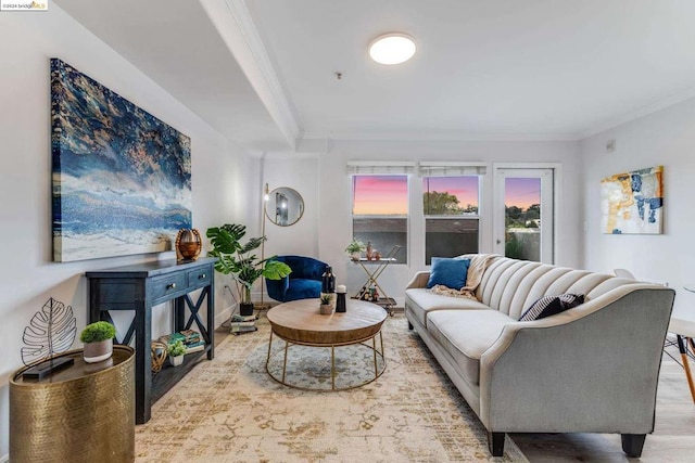 living room featuring light hardwood / wood-style flooring and ornamental molding