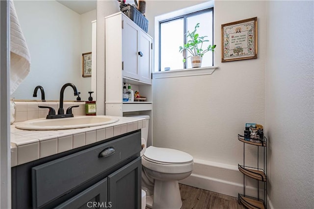 bathroom featuring vanity, toilet, and wood-type flooring