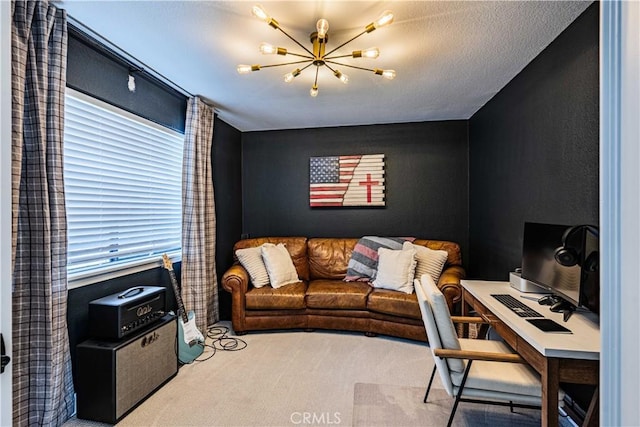 carpeted home office featuring a textured ceiling and an inviting chandelier