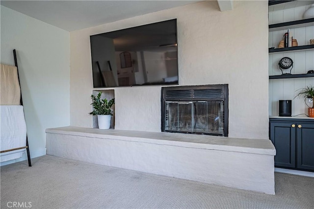 interior details featuring carpet flooring and built in shelves