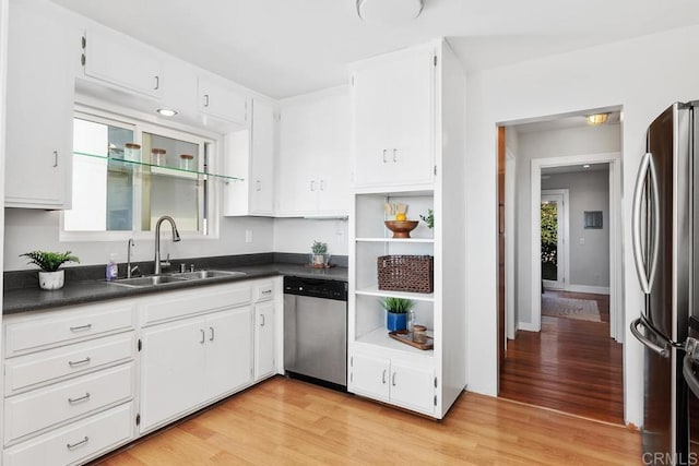 kitchen featuring white cabinets, appliances with stainless steel finishes, light hardwood / wood-style flooring, and sink