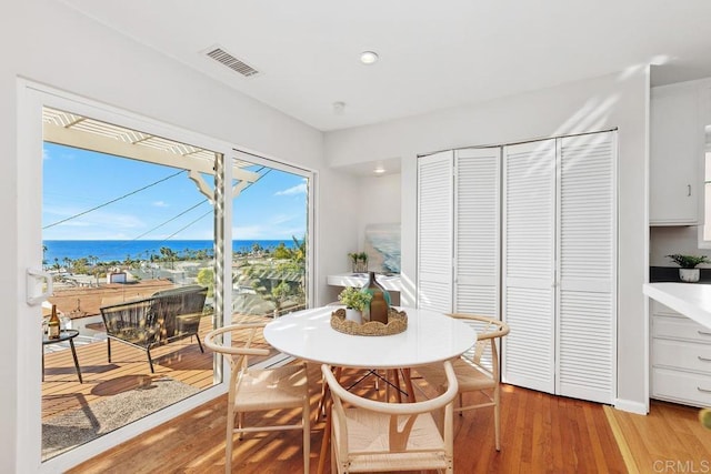 dining room featuring light wood-type flooring and a water view