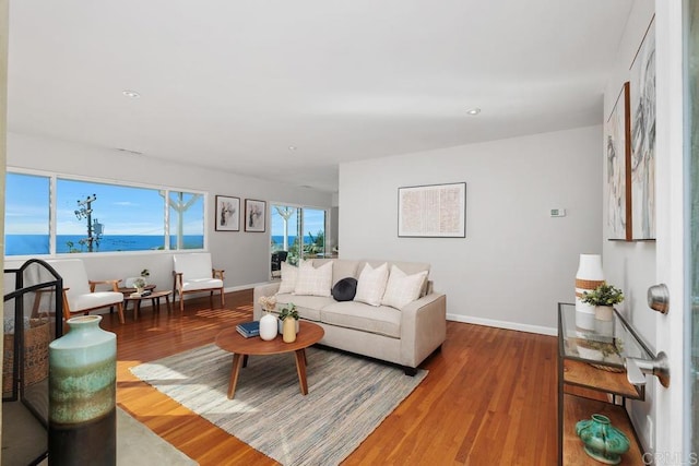 living room featuring wood-type flooring and a water view