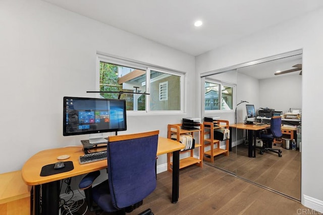 office space featuring dark hardwood / wood-style floors and ceiling fan