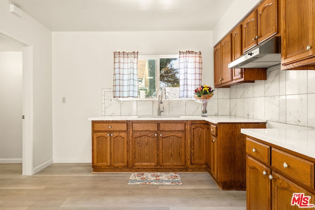 kitchen with decorative backsplash, light hardwood / wood-style flooring, and sink