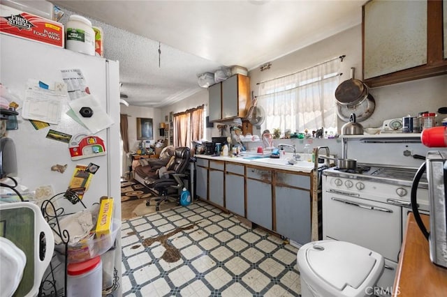 kitchen with a textured ceiling, white refrigerator, stainless steel gas range oven, and sink