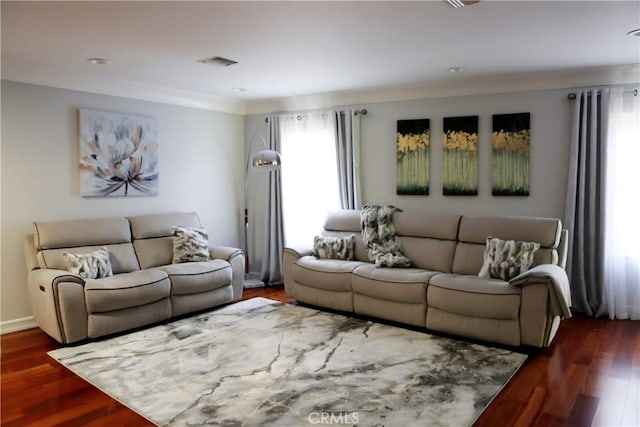 living room with dark wood-type flooring